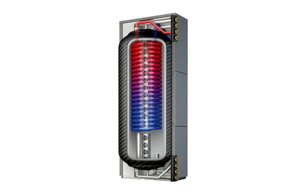 Detailansicht einer vertikalen Wärmespeicherlösung, mit innenliegendem Rohrsystem zur Wassertrennung. Hersteller ist Roth. Das Design zeigt eine farbige Wärmedämmung.